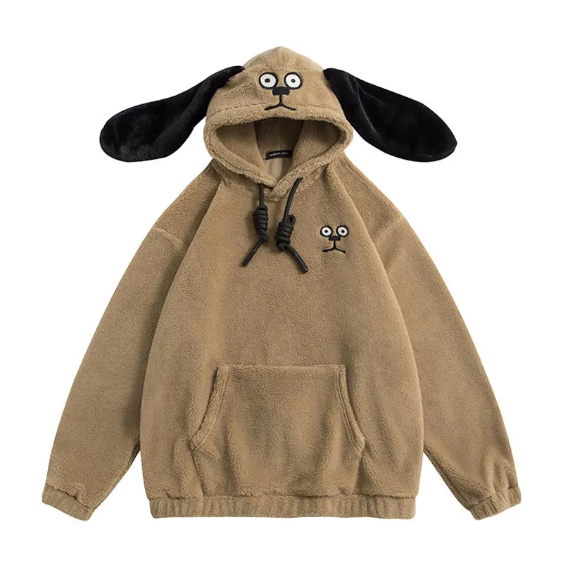 Autumn Winter Rabbit Ears Hoodie Women Solid Color Warm Jacket Vintage Flannel Pullover