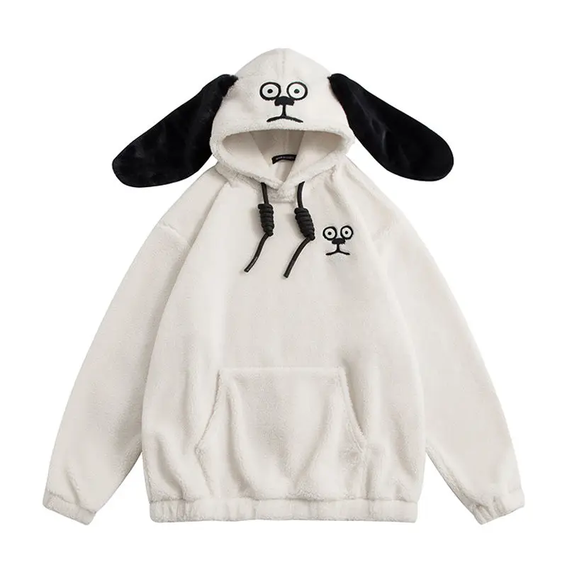 Autumn Winter Rabbit Ears Hoodie Women Solid Color Warm Jacket Vintage Flannel Pullover