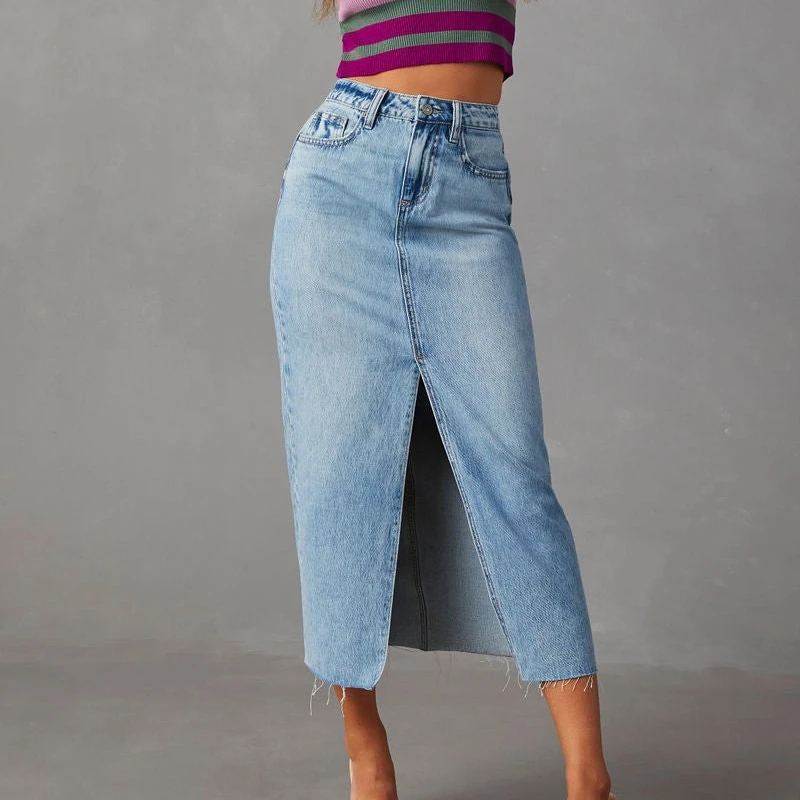 Casual Loose Denim Midi Skirt | Solid Color Vintage Style | Women's Summer Fashion