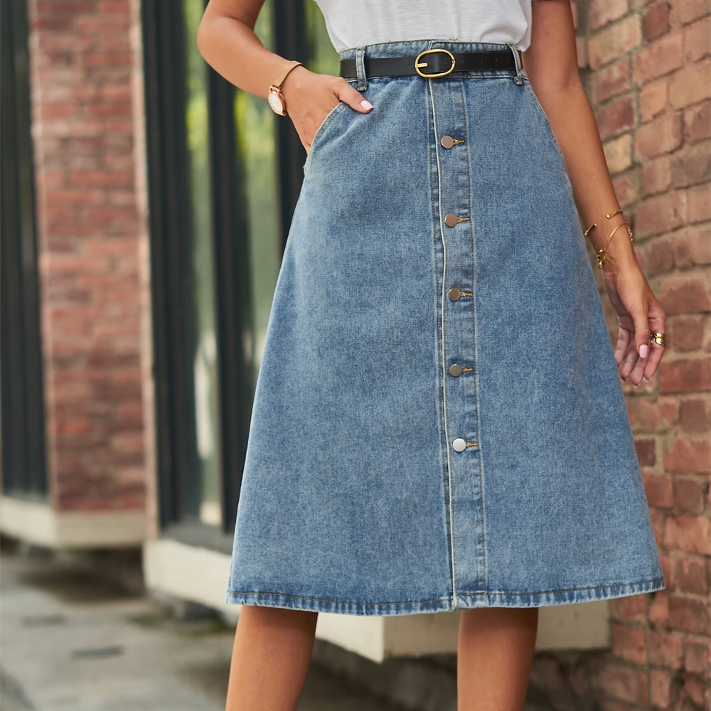 Casual Loose Denim Midi Skirt | Solid Color Vintage Style | Women's Summer Fashion