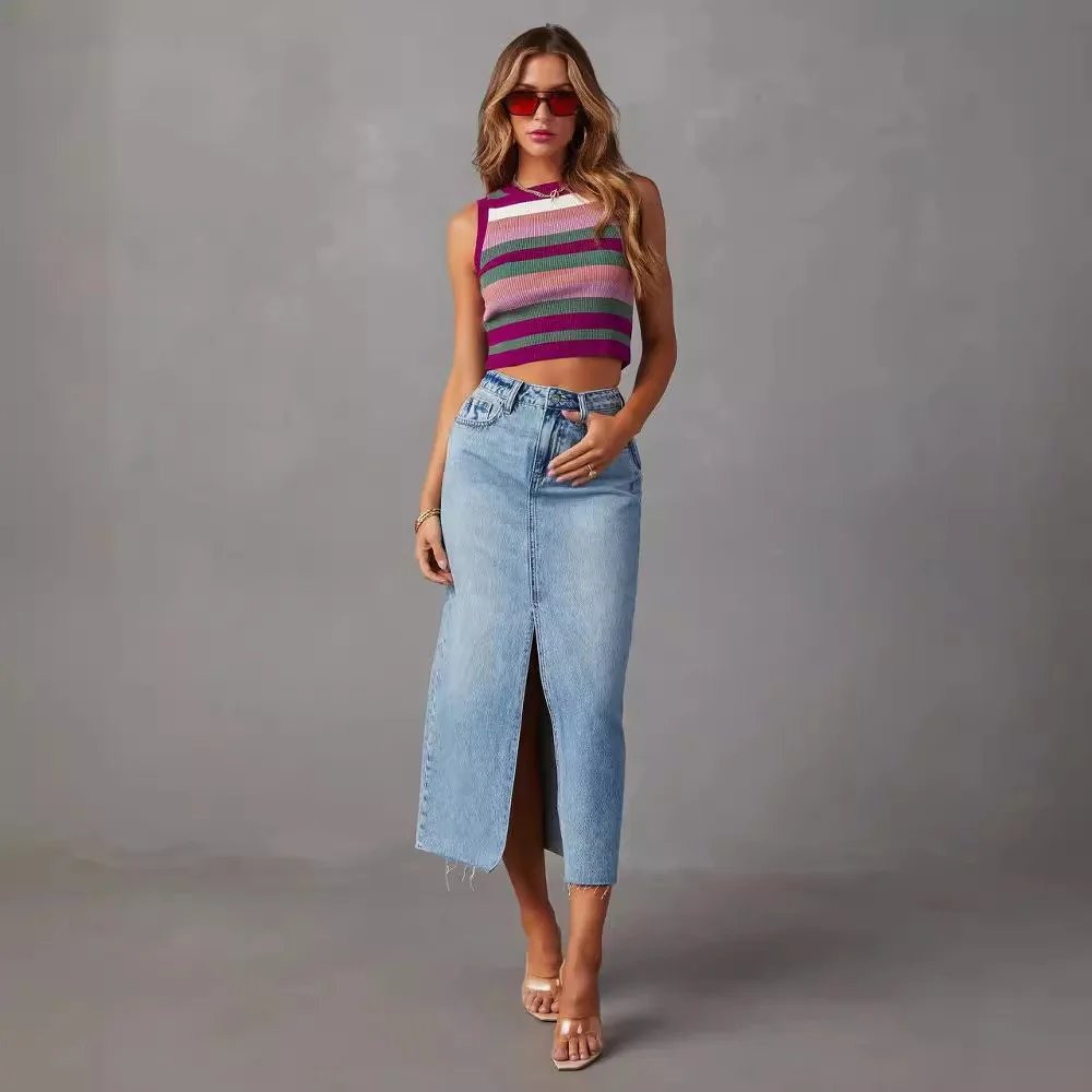 Casual Loose Denim Midi Skirt | Solid Color Vintage Style | Women's Summer Fashion