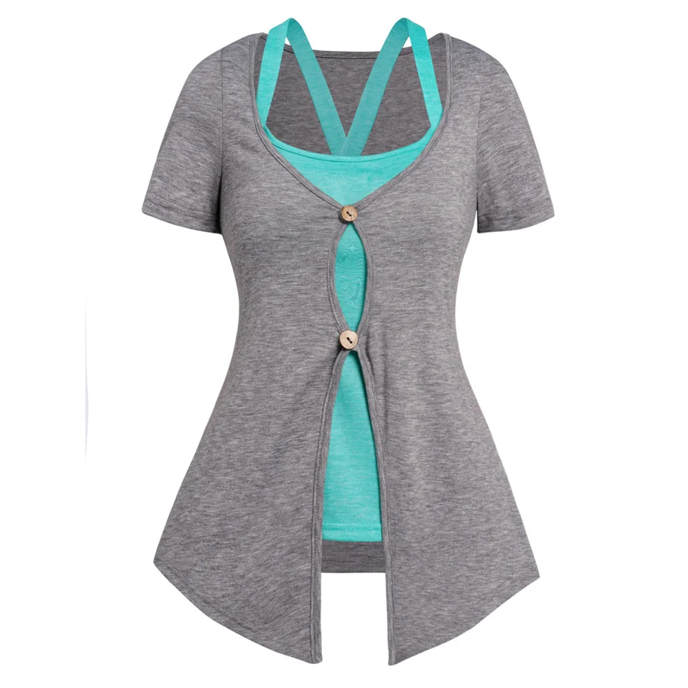 Color Block Summer Tee Set with Dual Buttons & Tank Top