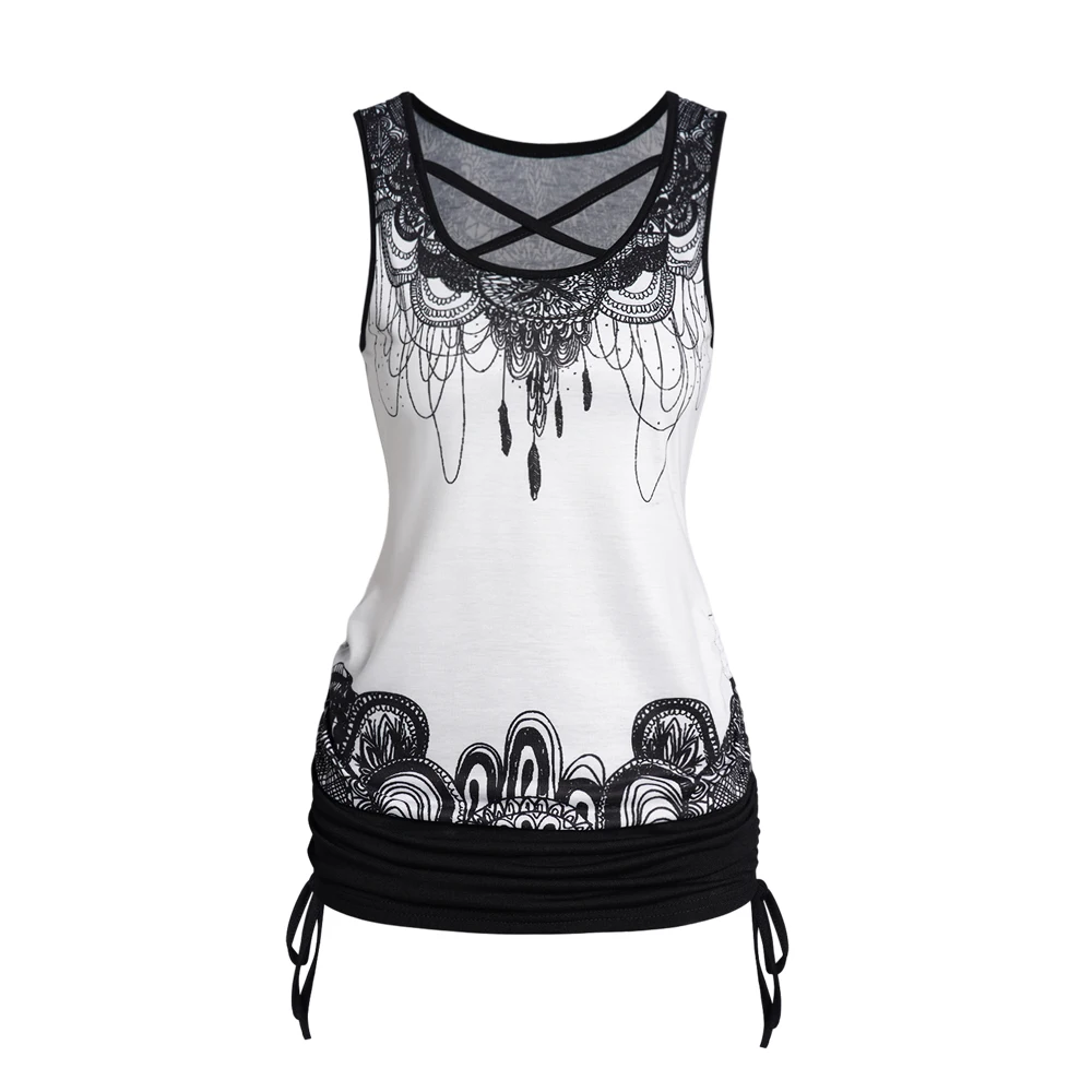 Contrast Colorblock Tank Top with Crisscross Flower Print