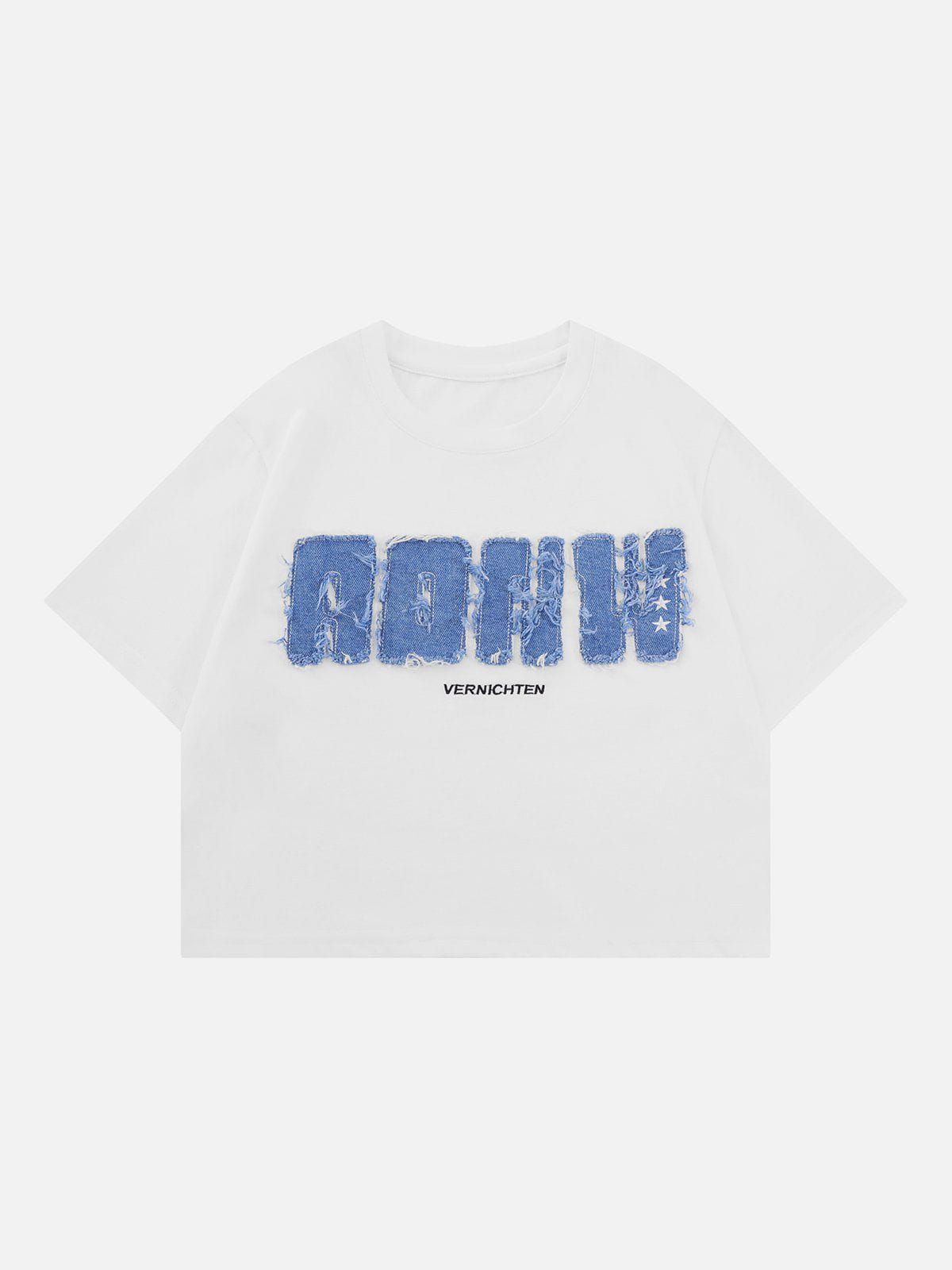 Denim Embroidery Tee with Applique Youthful & Iconic Style