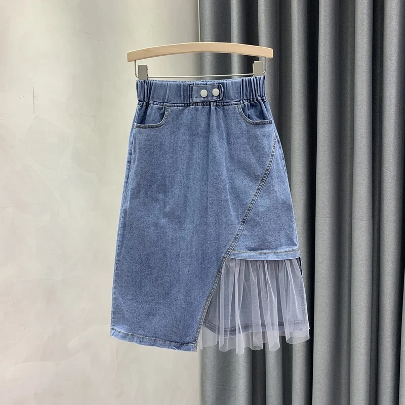 Elegant Lace Patchwork High Waist Jean Skirt for Women