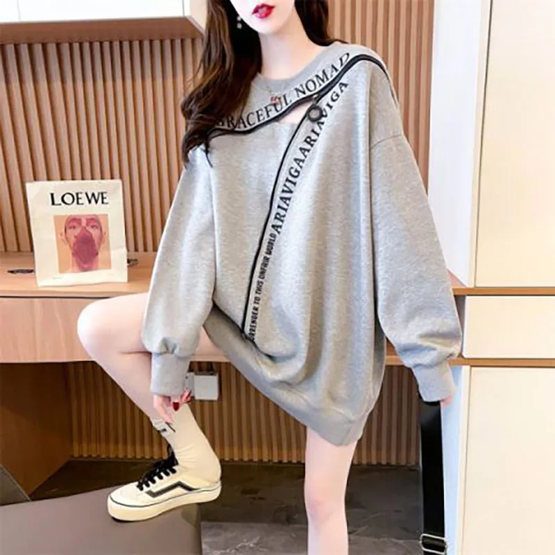 Fashion Printed Letter Zipper Hollow Out T-Shirt for Women - Autumn Winter Casual Loose Korean Tee