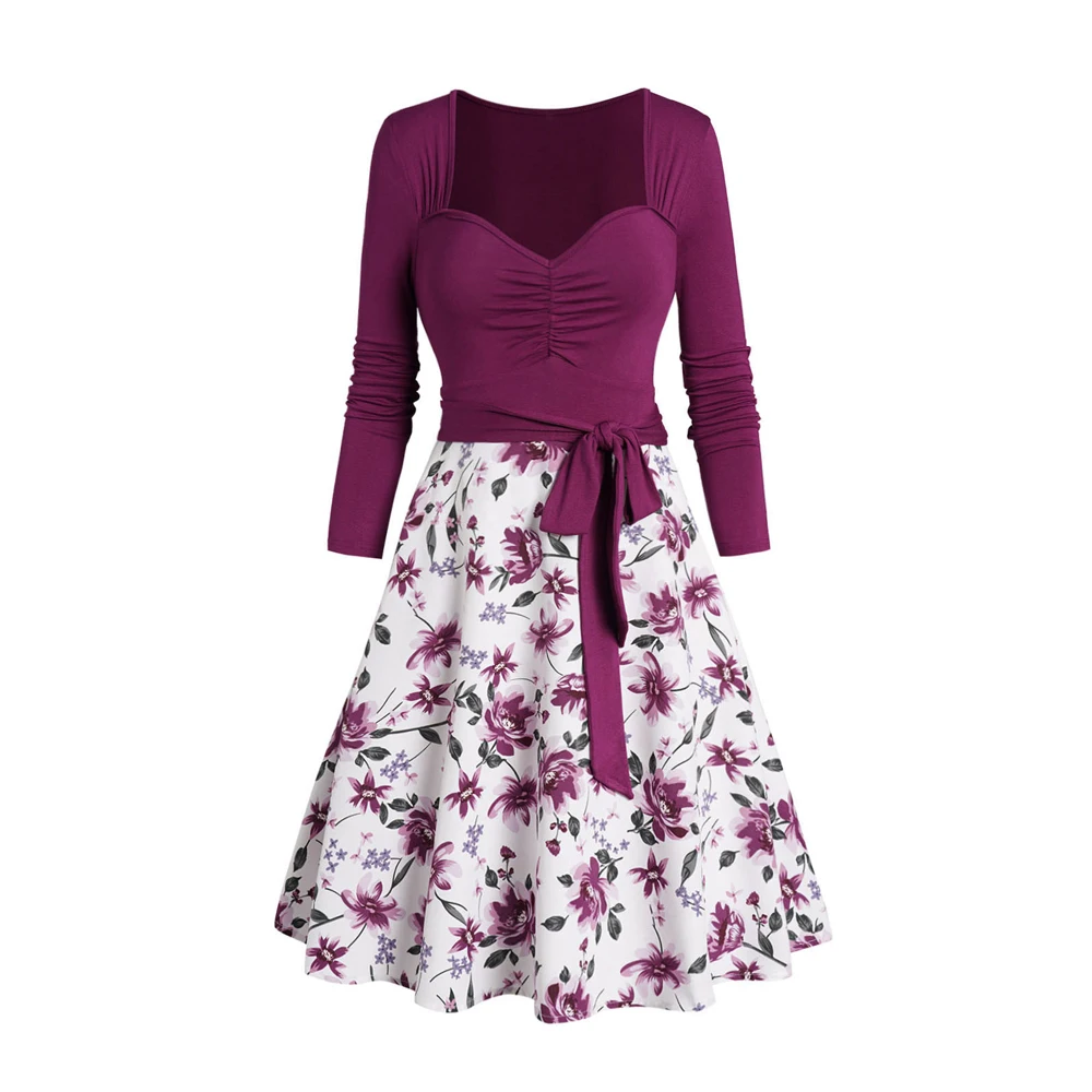 Floral Print Ruched Belt Long Sleeve Dress Women's Fall A-Line Mini Dress