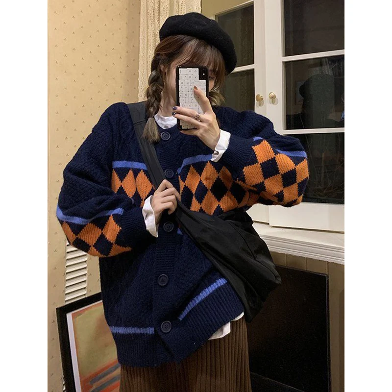 Geometric Korean Cardigan Sweater: Winter Oversized Knit Top