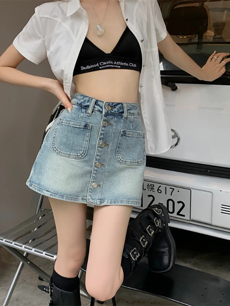 High Waist A-line Denim Mini Skirt with Pockets - Summer Women's Fashion