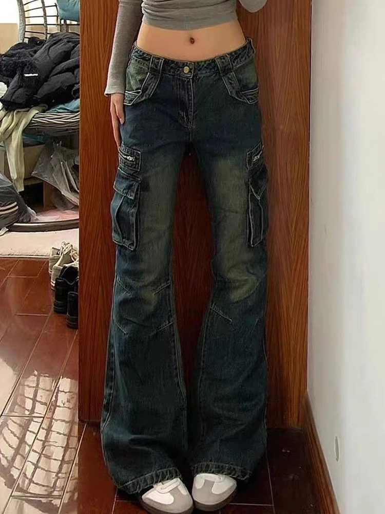 Korean Fashion Cargo Jeans Woman Vintage Flare Pants