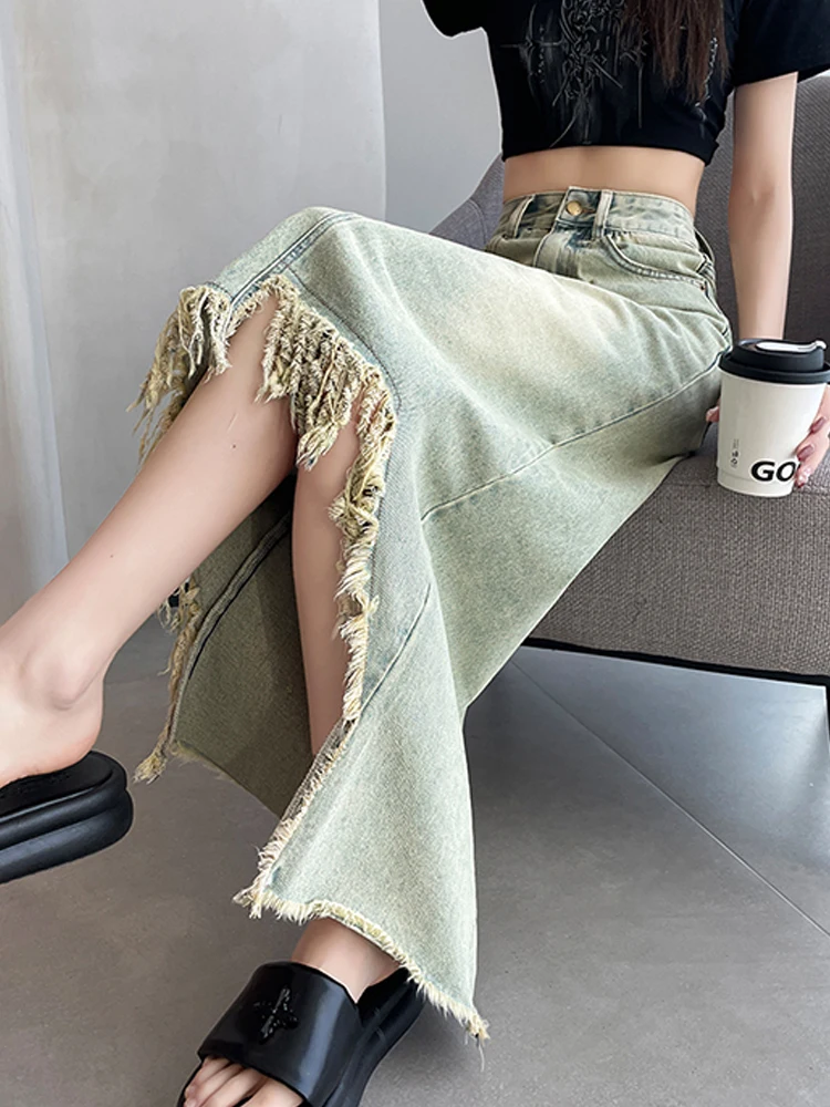 Korean Streetwear Tassel Raw Edge Midi Denim Skirt