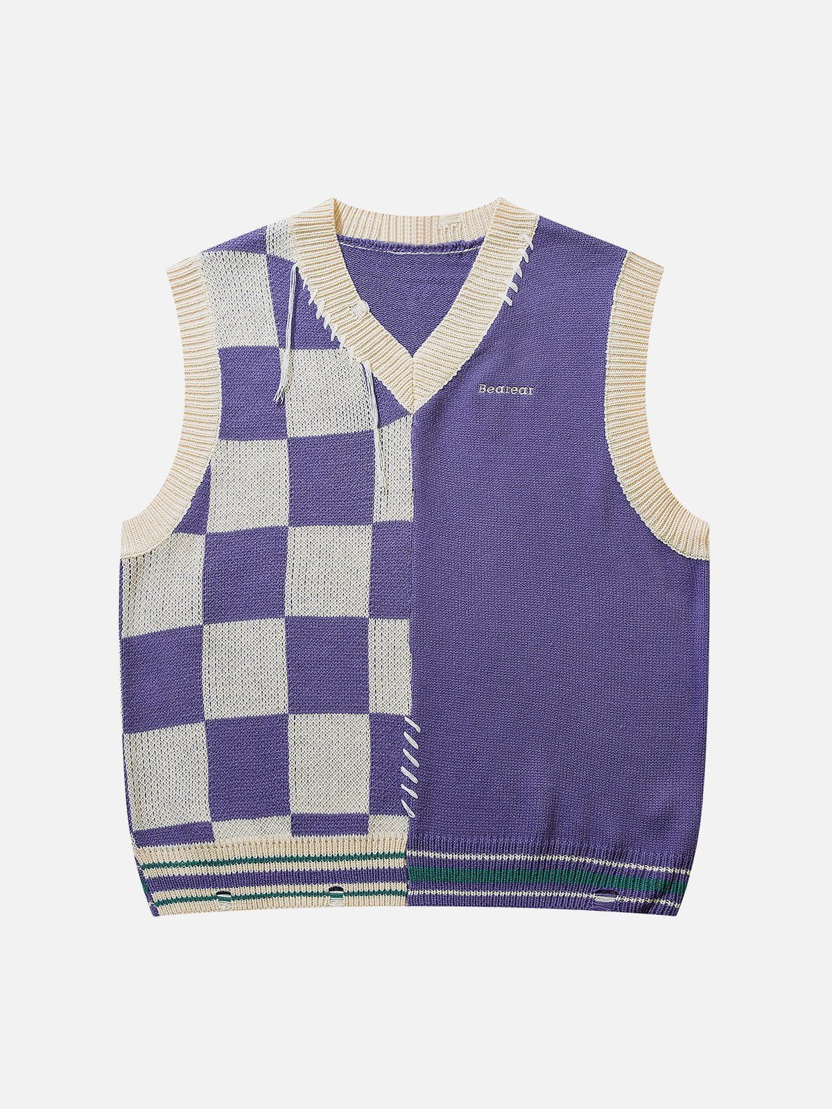 Patchwork Plaid Vest Sweater Youthful & Eclectic Style