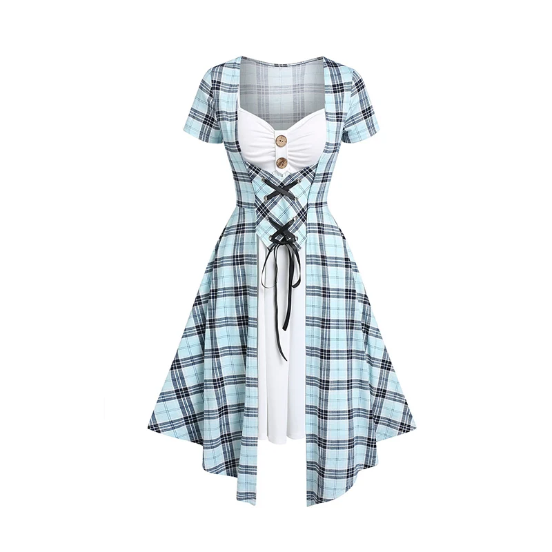 Plaid 2-In-1 Short Sleeve Dress with Lace-Up Vest - Chic Vacation Streetwear