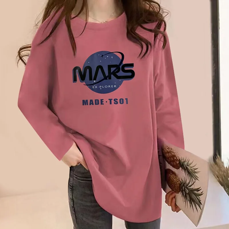 Printed Letter O-Neck Tee | Autumn Fashion Female Top | Oversized Casual Pullover