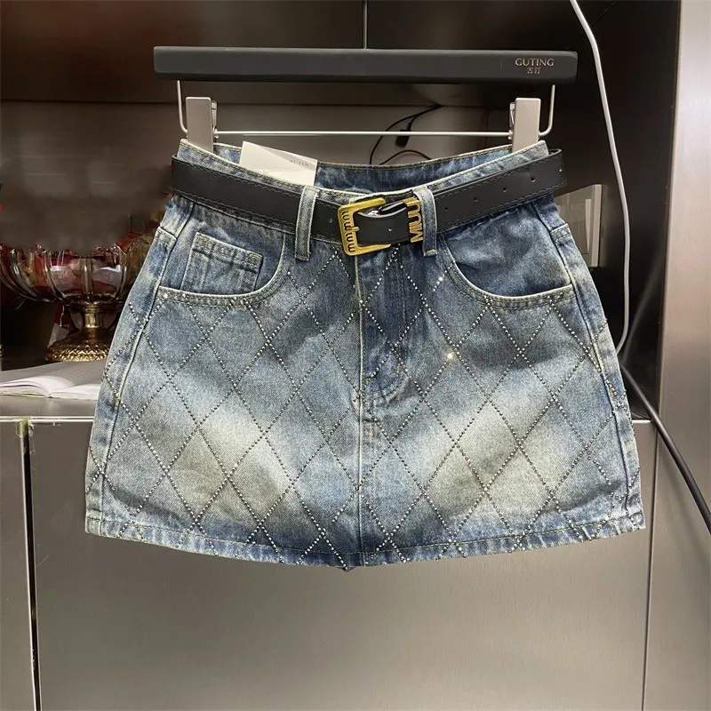 Retro High Waist Denim Skirt with Embroidery & Hot Drilling