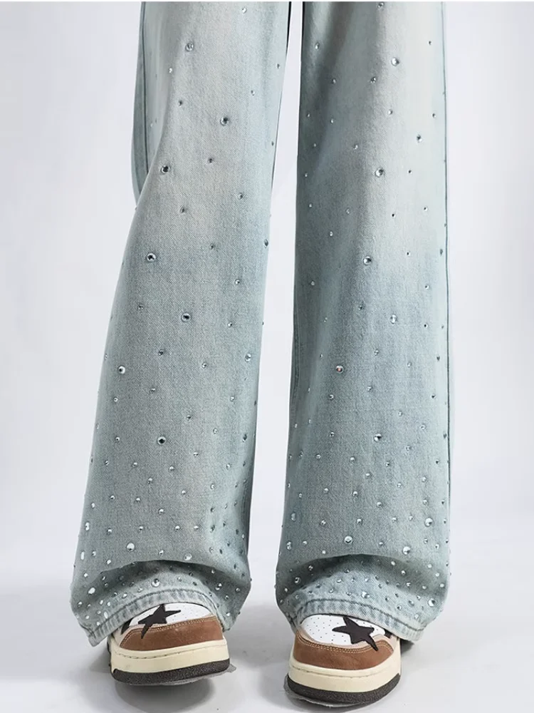 Rhinestone Wide Leg Jeans for Women | High Waisted Loose Denim