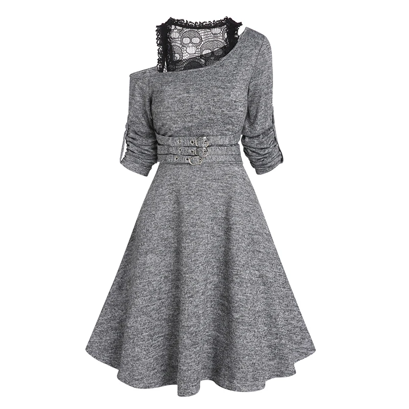 Skull Lace Skew Neck Mini A-Line Knit Dress Women Casual Knitwear