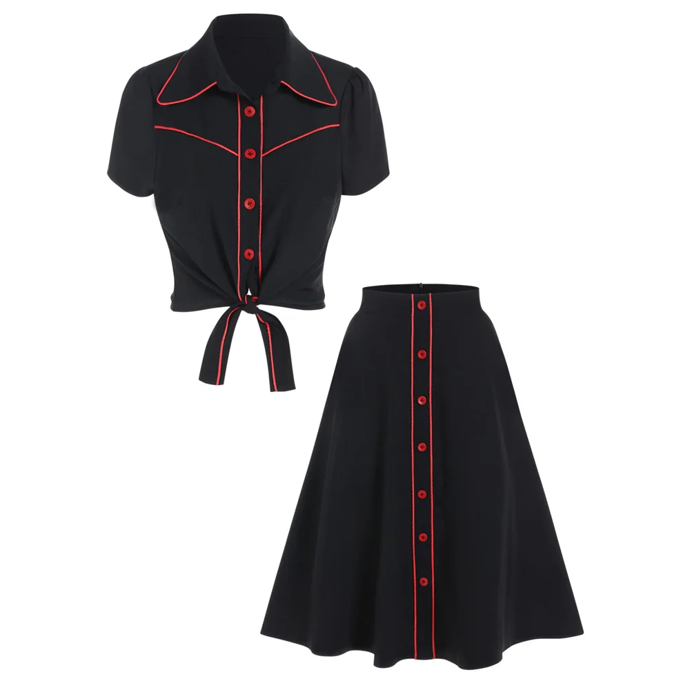 Stylish Two-Piece Women's Outfit: Button-Up Crop Top & Midi Skirt