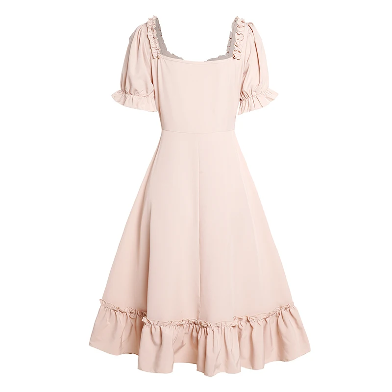 Summer Dresses with Ruffles Flounce Hem - Vintage Short Sleeve Solid Color Dress