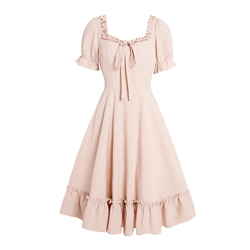 Summer Dresses with Ruffles Flounce Hem - Vintage Short Sleeve Solid Color Dress