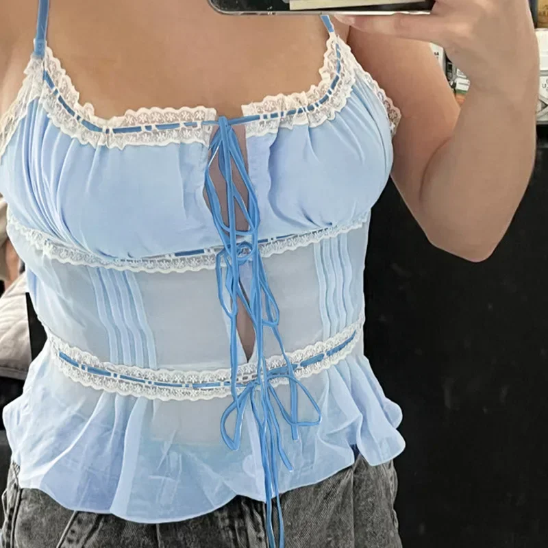Summer Semi-Transparent Chiffon Vest & Y2K Lace Top Set