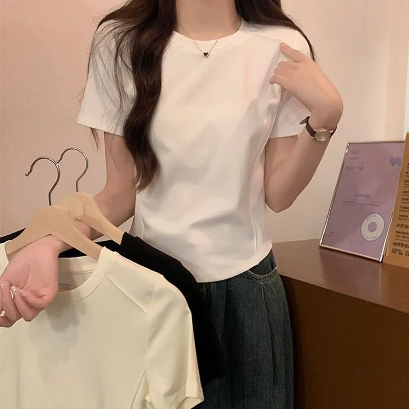 Summer Women's Black & White Cotton Slim Fit T-Shirt | Casual O-Neck Crop Top