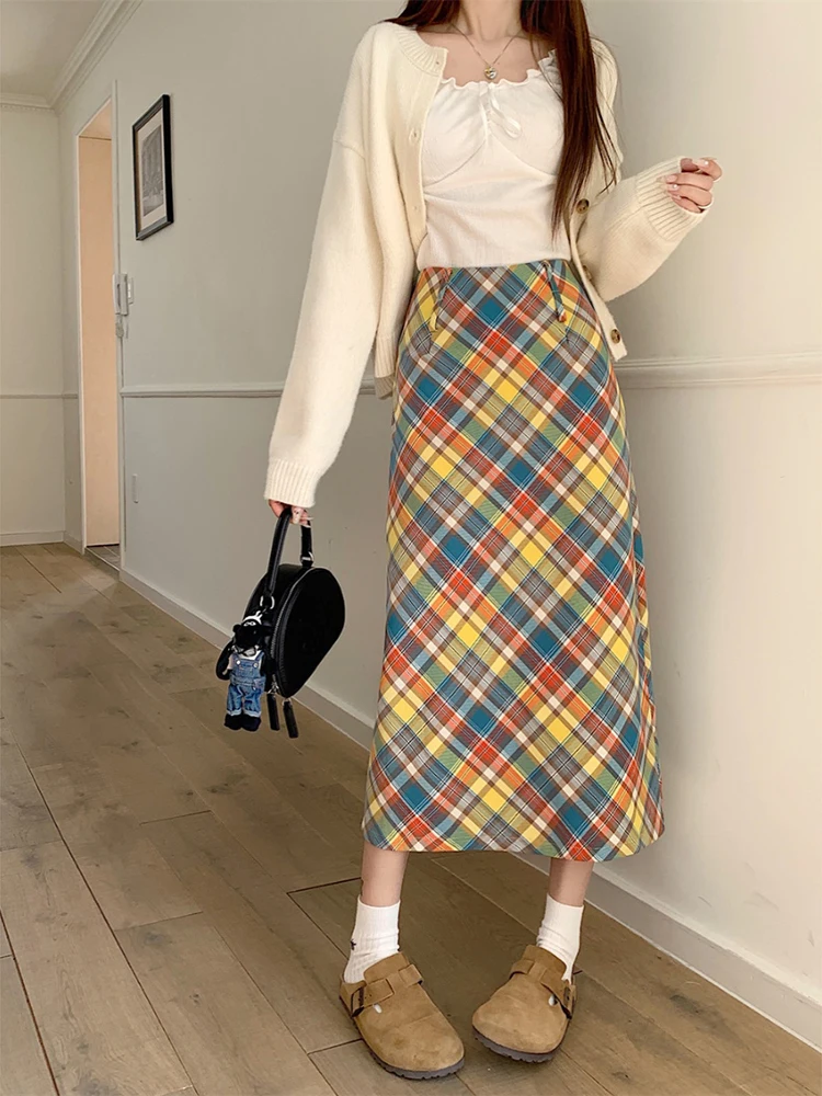 Summer Women's Candy Color Plaid Midi Skirt - Korean Vintage Wrap Skirt