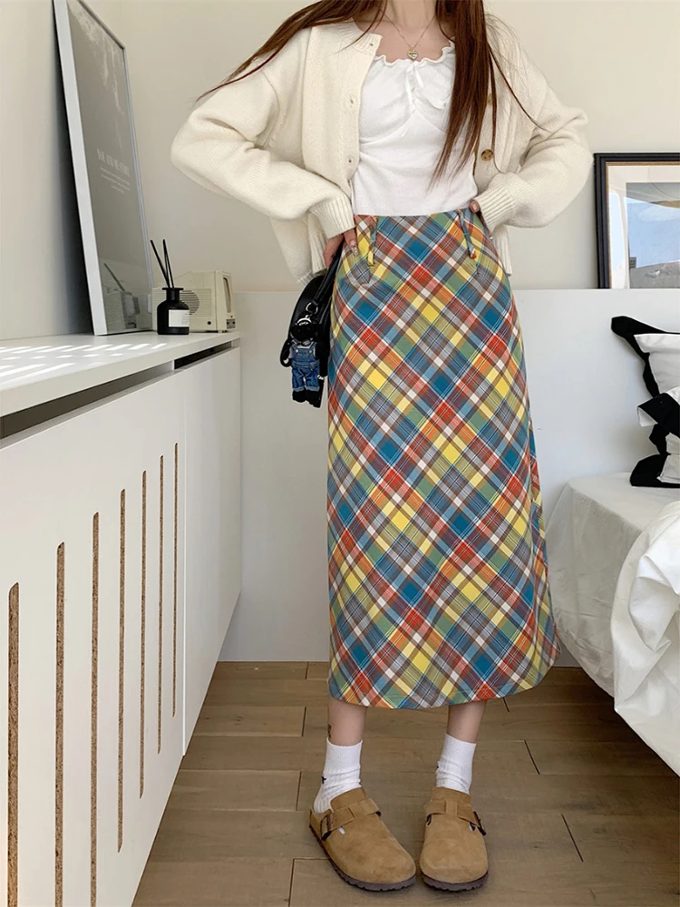 Summer Women's Candy Color Plaid Midi Skirt - Korean Vintage Wrap Skirt