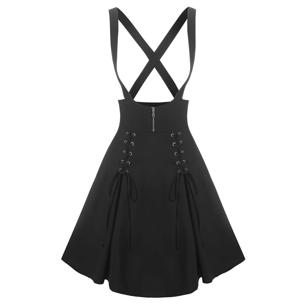 Vintage Gothic Punk Lolita Suspender Skirt High Waist Midi - Plain Color Zipper Fly Student Uniform