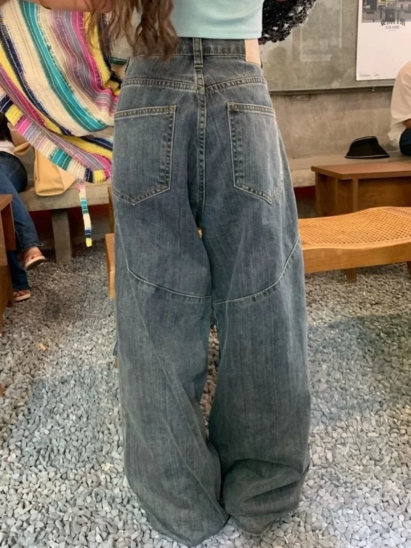 Vintage High Street Cargo Wash Jeans | Women's Solid Color Hip Hop Baggy Pants