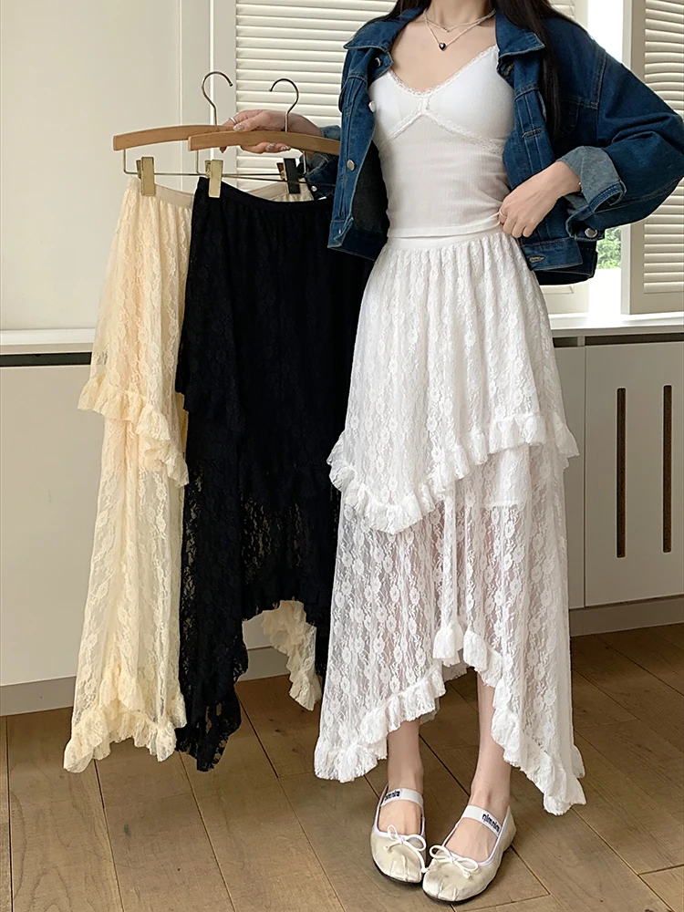 Vintage Lace Asymmetrical Skirt | Fairycore Y2K Boho Aesthetic Fashion | High Waist Mid Skirt for