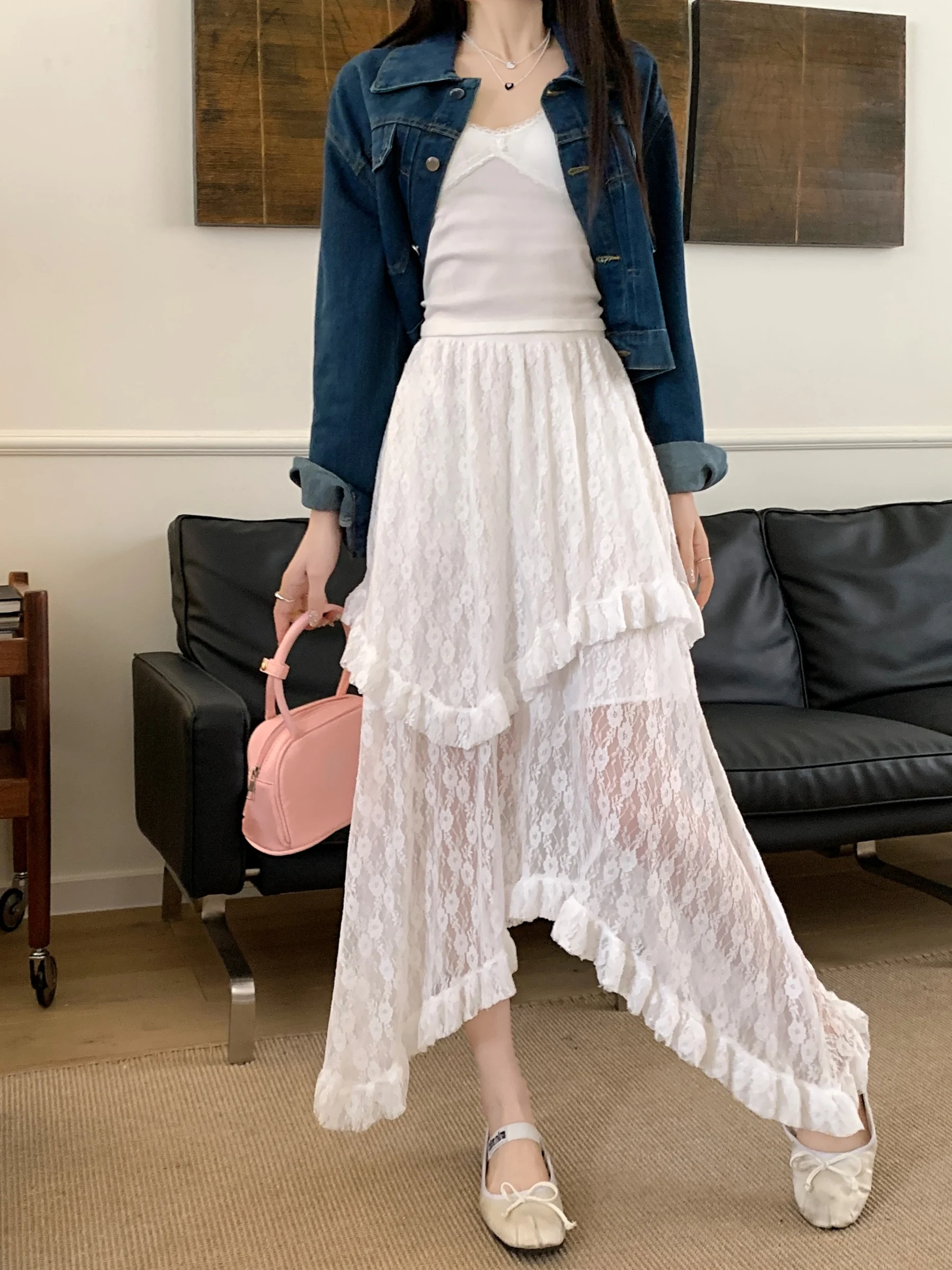 Vintage Lace Asymmetrical Skirt | Fairycore Y2K Boho Aesthetic Fashion | High Waist Mid Skirt for