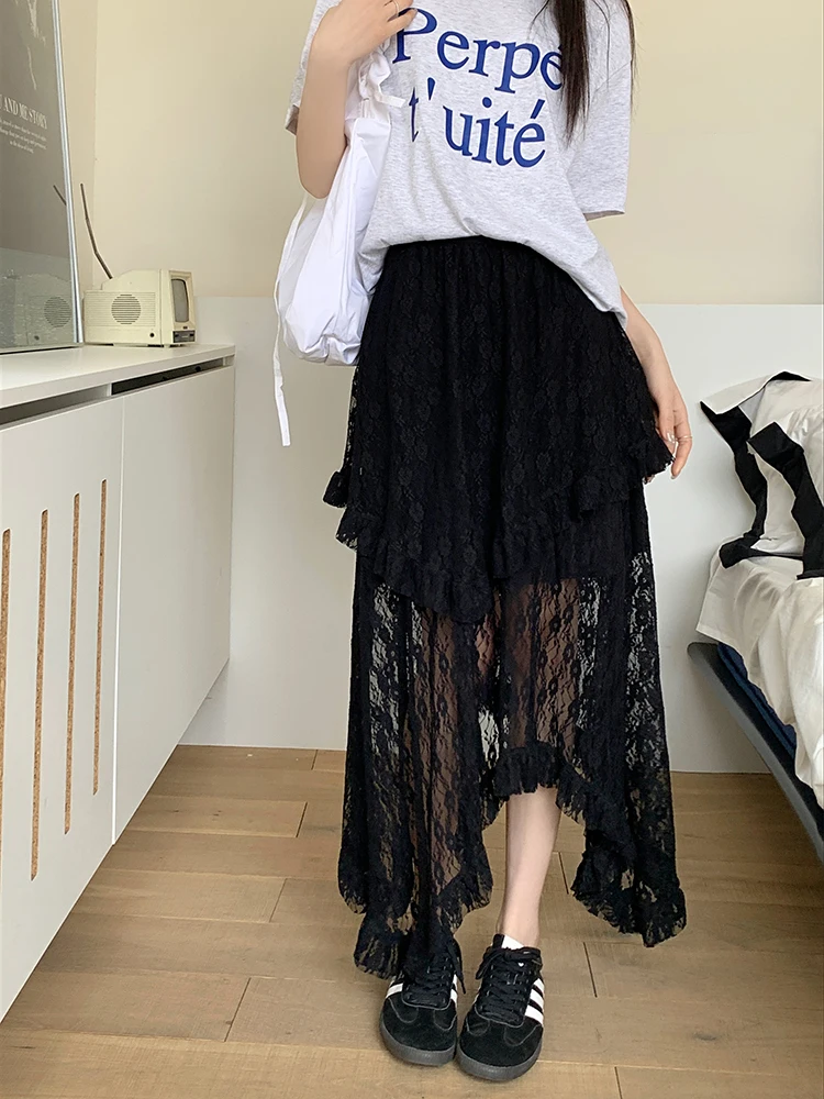 Vintage Lace Asymmetrical Skirt | Fairycore Y2K Boho Aesthetic Fashion | High Waist Mid Skirt for