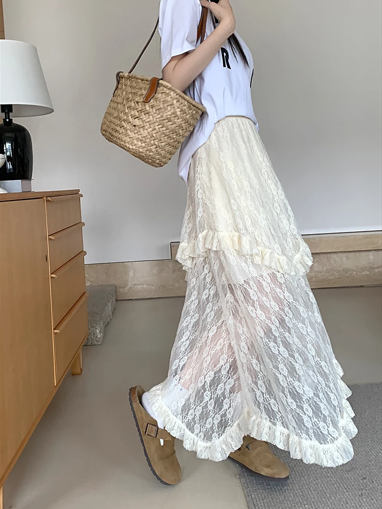 Vintage Lace Asymmetrical Skirt | Fairycore Y2K Boho Aesthetic Fashion | High Waist Mid Skirt for