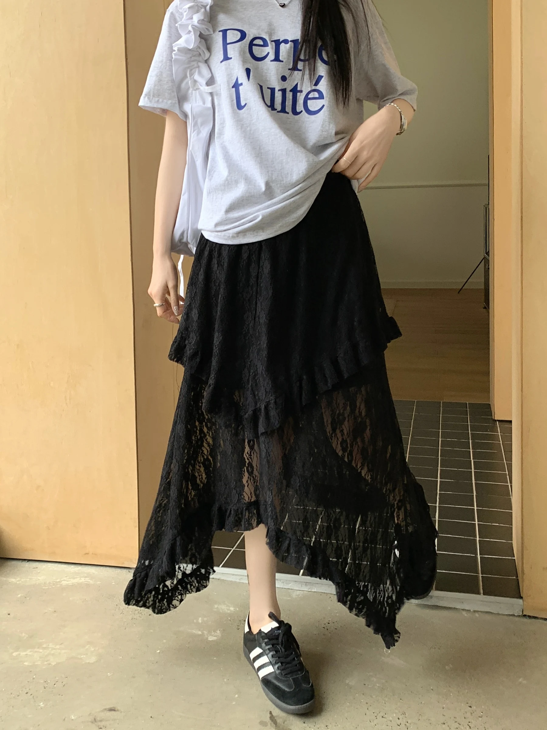 Vintage Lace Asymmetrical Skirt | Fairycore Y2K Boho Aesthetic Fashion | High Waist Mid Skirt for