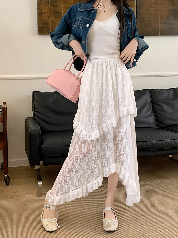 Vintage Lace Asymmetrical Skirt | Fairycore Y2K Boho Aesthetic Fashion | High Waist Mid Skirt for