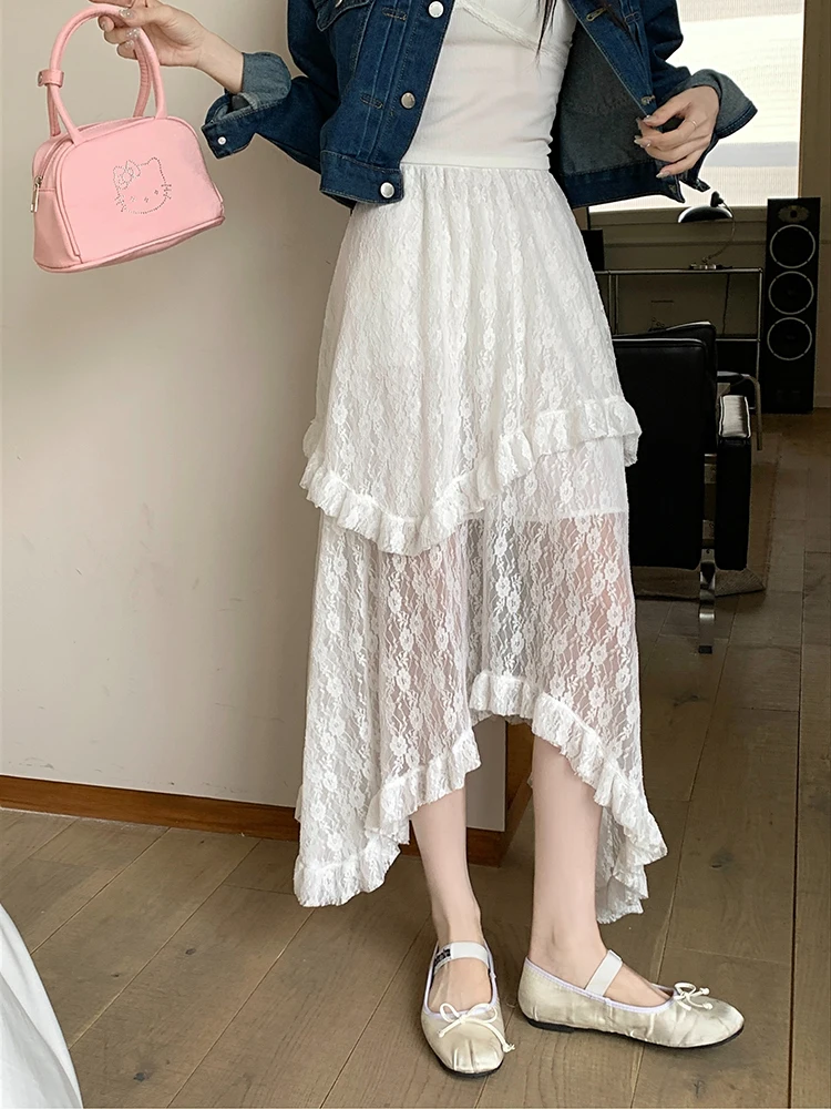 Vintage Lace Asymmetrical Skirt | Fairycore Y2K Boho Aesthetic Fashion | High Waist Mid Skirt for