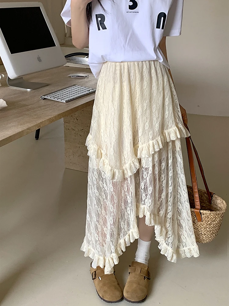 Vintage Lace Asymmetrical Skirt | Fairycore Y2K Boho Aesthetic Fashion | High Waist Mid Skirt for