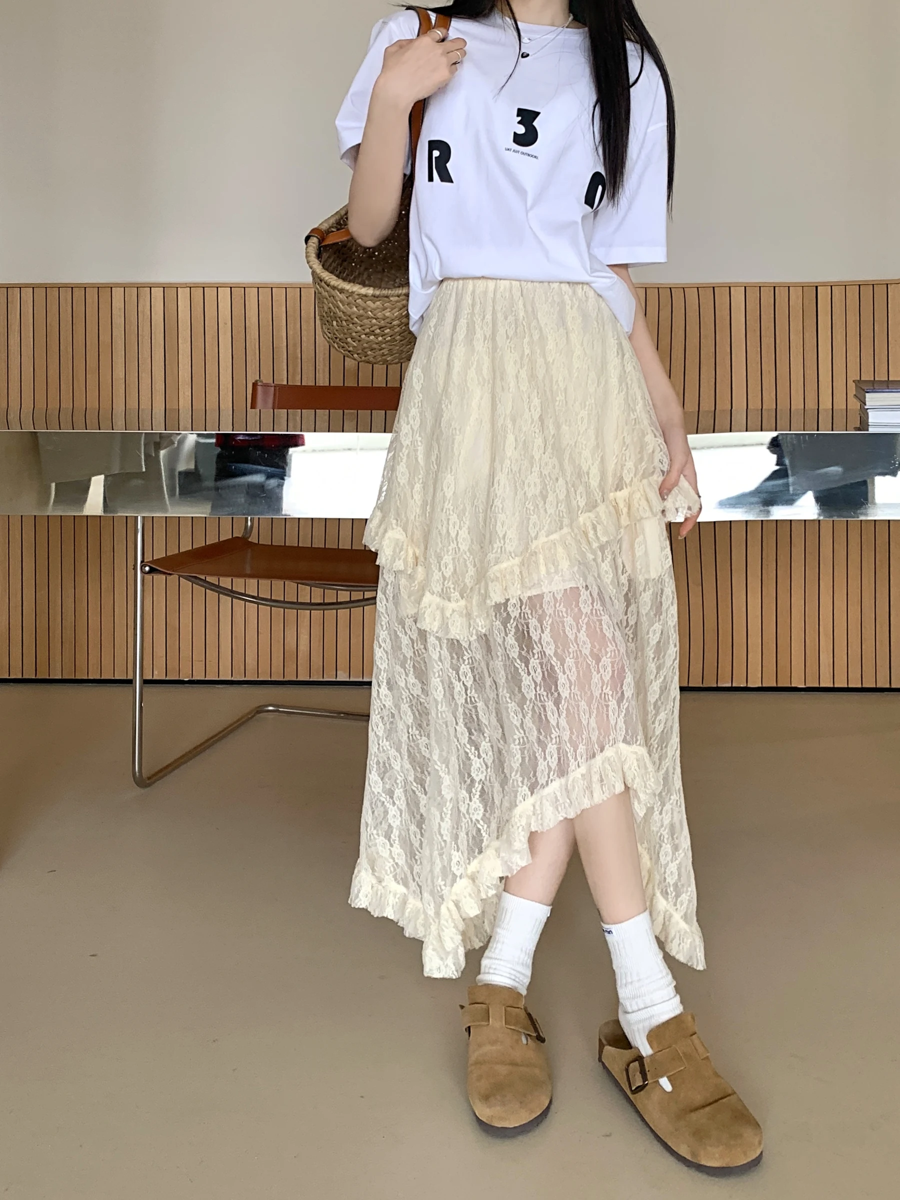 Vintage Lace Asymmetrical Skirt | Fairycore Y2K Boho Aesthetic Fashion | High Waist Mid Skirt for
