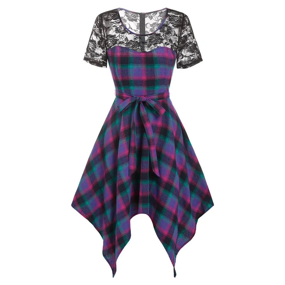 Vintage Plaid Floral Lace Panel Midi Dress with Sheer Shoulders