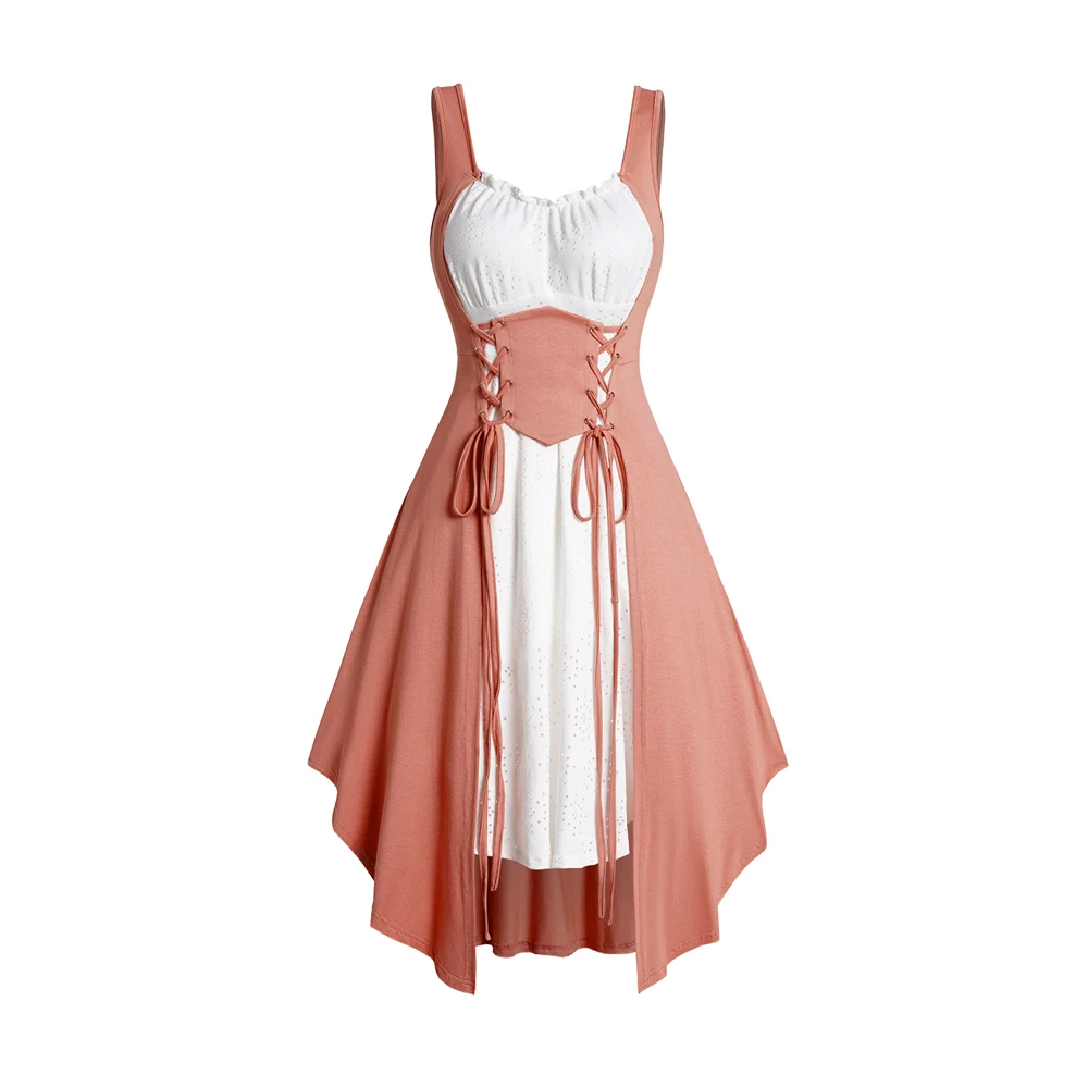 Vintage Summer Colorblock Lace Up Asymmetric Twinset Dress Women