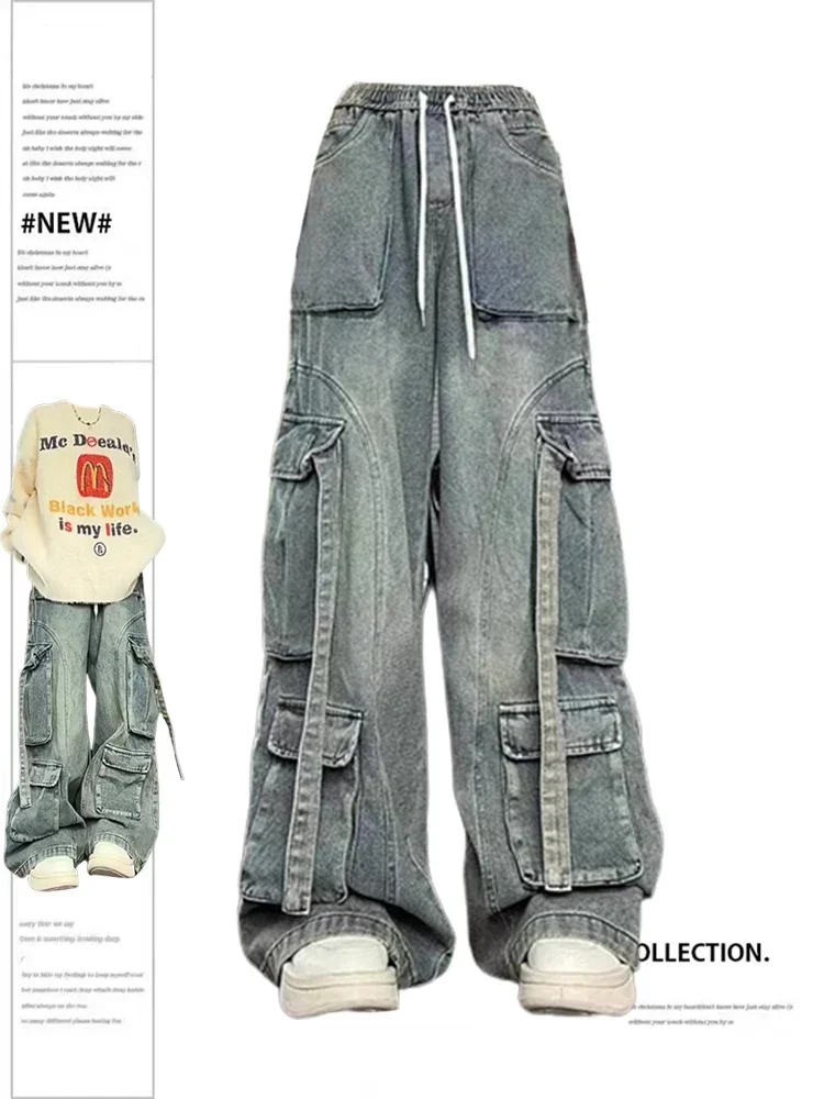 Vintage Women's Blue Cargo Jeans Y2k 90s Oversize Denim Trousers
