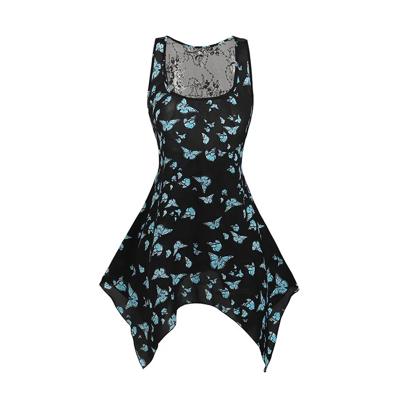 Women's Butterfly Print Tank Top with Square Collar and Sheer Back