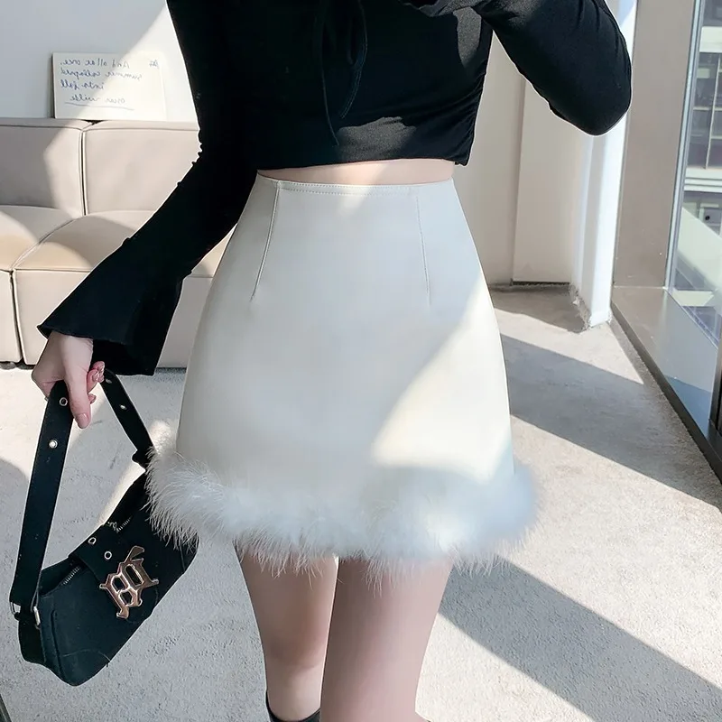 Women's Sexy Furry Patchwork PU Leather High Waist Black Mini Skirt