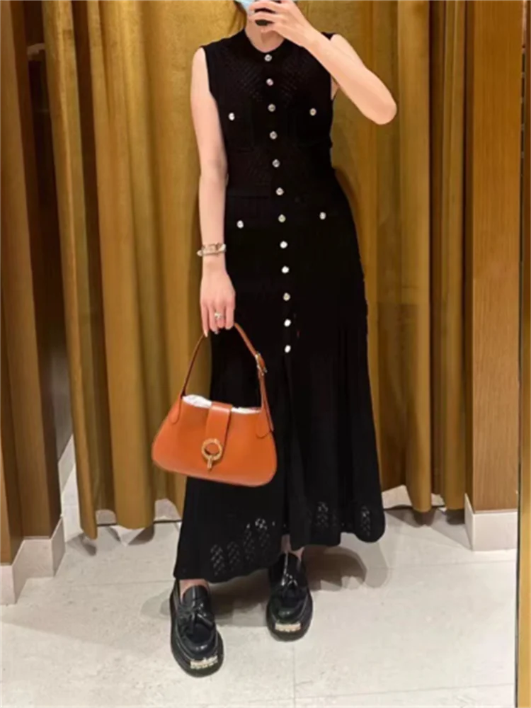 Women's Sleeveless Knitted A-Line Dress with High Waist - Black Green