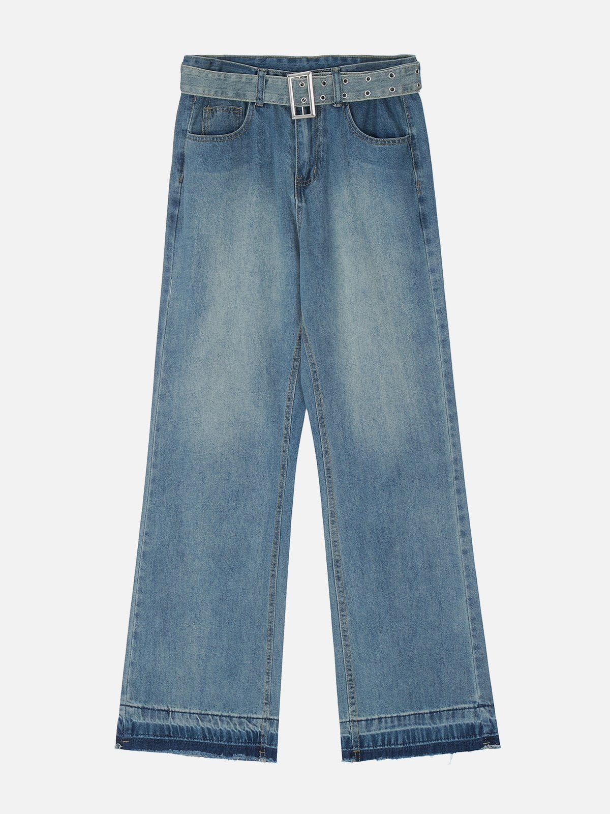 Youthful Belted Jeans with Raw Edge Detail Urban Appeal