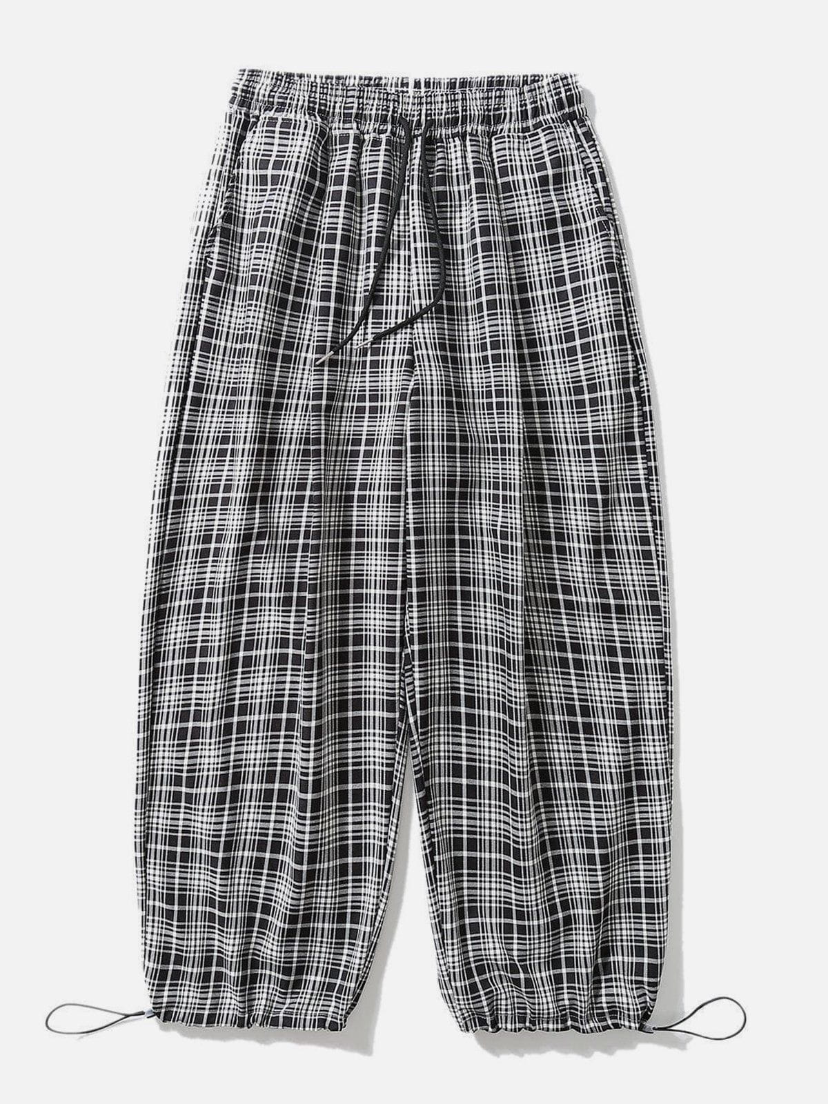 Youthful Black & White Plaid Pants Casual Drawstring Design