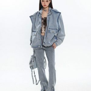 Asymmetric Design Denim Jacket - Y2K Fashion Essential for Spring & Summer Outfits