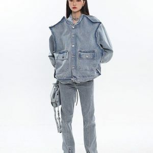 Asymmetric Design Denim Jacket - Y2K Fashion Essential for Spring & Summer Outfits