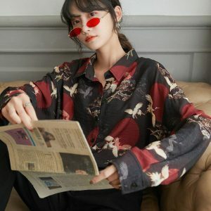 Bird Pattern Long Sleeve Shirt - Y2K Fashion Outfit Ideas for Spring & Summer Styles